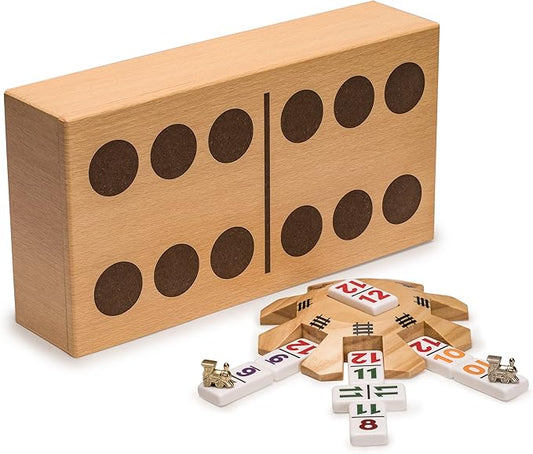Yellow Mountain Imports Mexican Train Complete Set with Double 12 Number Dominoes, Wooden Hub, Die Cast Train Markers, and Scorepad