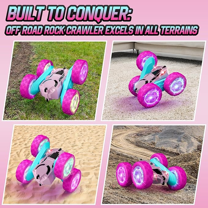 Pink Remote Control Car for Girls 6-12 Year Old Double Sided 360°Rotating 4WD Rechargeable RC Cars Race Stunt Toy Car for Kids Birthday