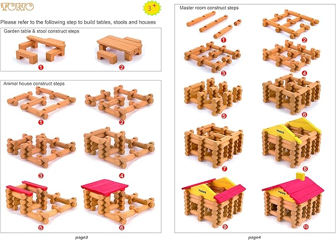 Wooden Logs Toys Farm Playset- Logs Building Set Farm House Wooden Construction Toys 207 Pieces for 3 4 5 6 Year olds