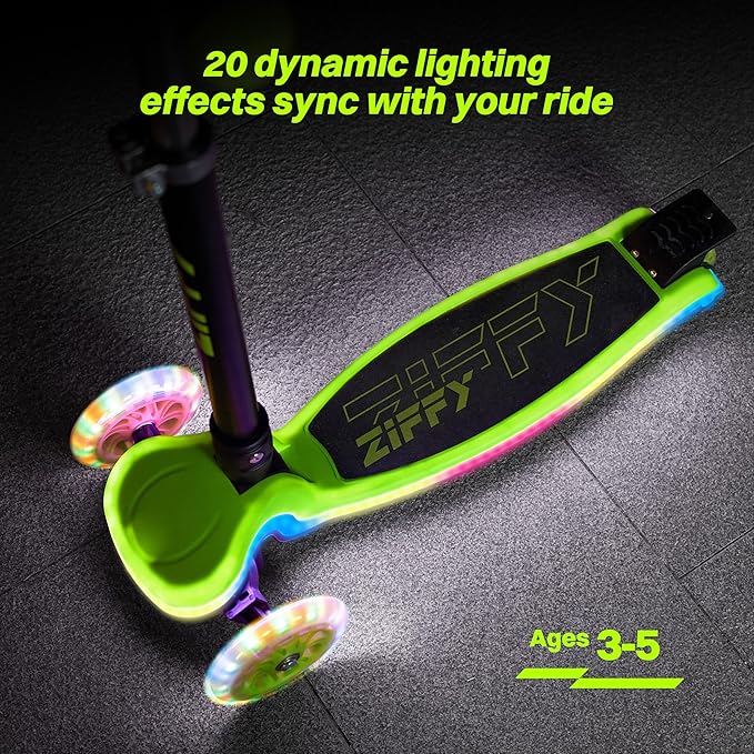 ZIFFY Kids Scooter for Boys & Girls LED Light-Up Wheels, 4 Adjustable Height Handlebars, and Lean-to-Steer Design with Anti-Slip Wide Deck for Stability - Up to 110LBS