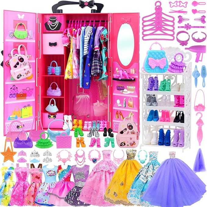 K.T. Fancy 108 Pcs 11.5 Inch Dolls Closet Wardrobe Include Clothes, Dresses, Shoes and Other Stuff for Girl Doll as Xmas Gift Present