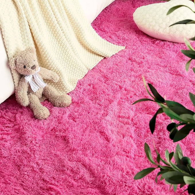 LOCHAS Luxury Round Fluffy Area Rugs for Bedroom Kids Girls Room Nursery, Super Soft Circle Rug, Cute Shaggy Carpet for Children Living Room, 4x4 Feet Hot Pink