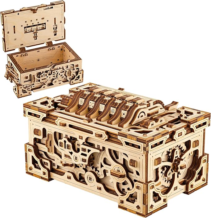 Wood Trick Enigma Chest Lock Puzzle Box Wooden 3D Puzzles for Adults and Kids to Build - Engineering DIY Project Mechanical Model Kits for Adults Wooden Models