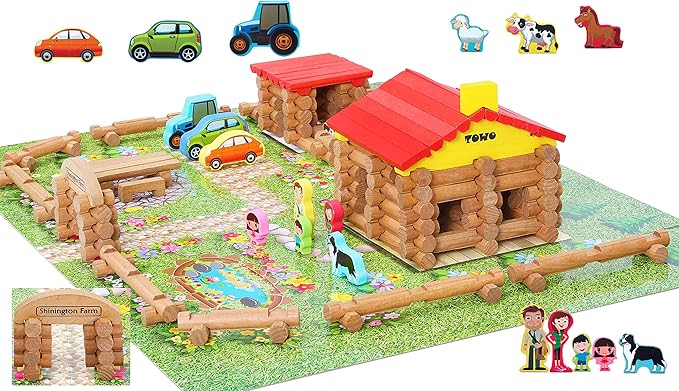 Wooden Logs Toys Farm Playset- Logs Building Set Farm House Wooden Construction Toys 207 Pieces for 3 4 5 6 Year olds