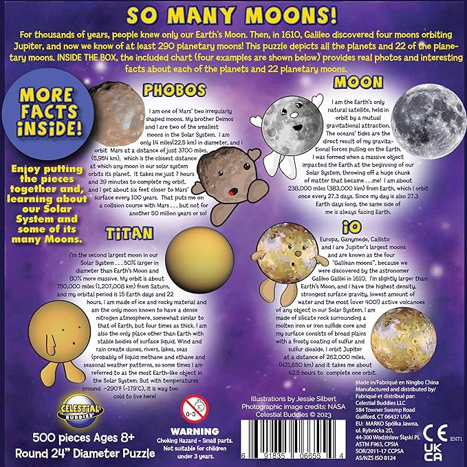 Celestial Buddies So Many Moons! 500 Piece Jigsaw Astronomy Space Puzzle and Poster for Ages 8+ | Educational 23 Moon Poster for Science STEM Learing