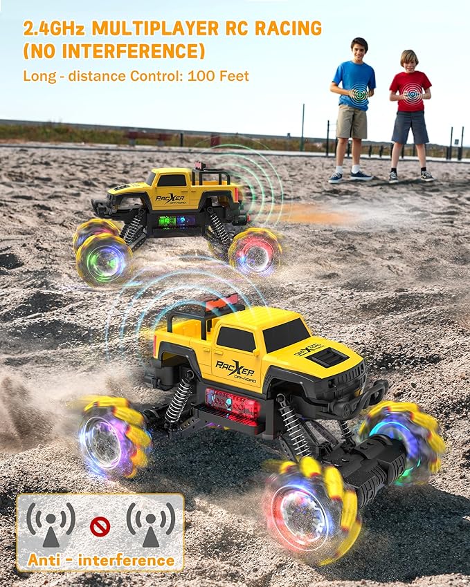 Programmable RC Truck, 1:12 Remote Control Stunt Monster Car with 360° Rotating, Drift, One-Key Demo, 4WD All-Offroad Cars with Spray Music Dance Hobby Truck Gift for 6-12 Boys Grils Christmas