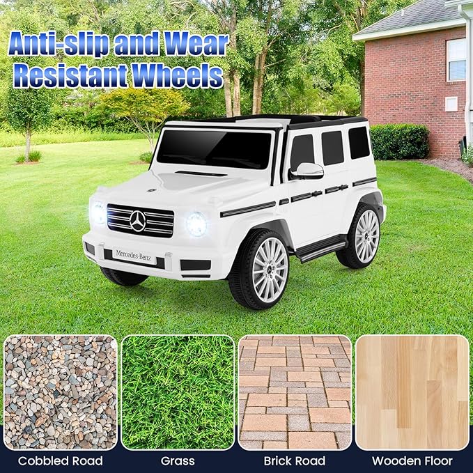 Costzon Ride on Car, Mercedes-Benz G500 Licensed Truck w/Rocking Mode, 3 Speeds, Remote, Horn, Music & LED Lights, Spring Suspension, 12V Battery Powered 4WD G Wagon Electric Vehicle for Kids (White)