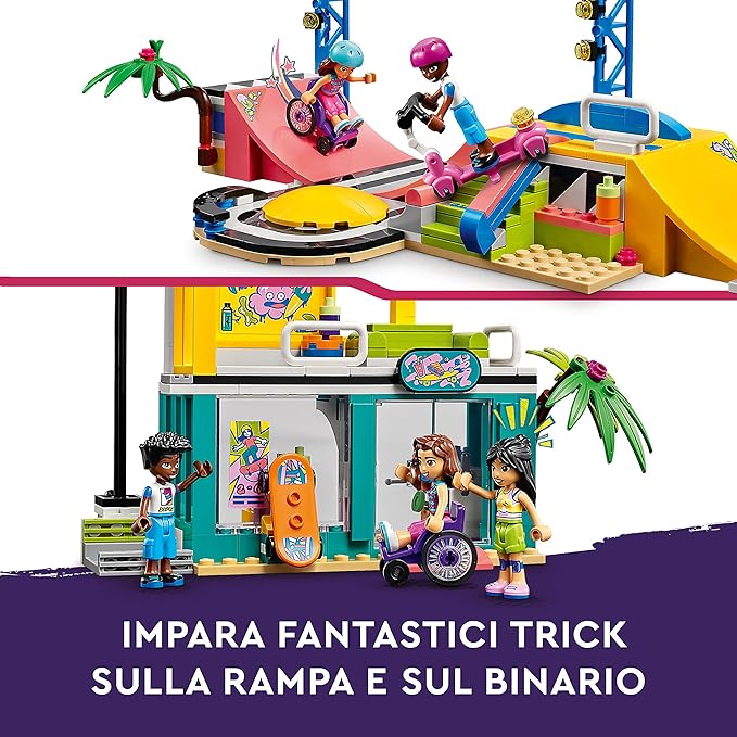 LEGO Friends Skate Park Set 41751, Skateboard Toys for Girls and Boys Ages 6 Plus, Mini-Doll Playset with Toy Scooter and Wheelchair, Birthday Gift Idea for Creative Play