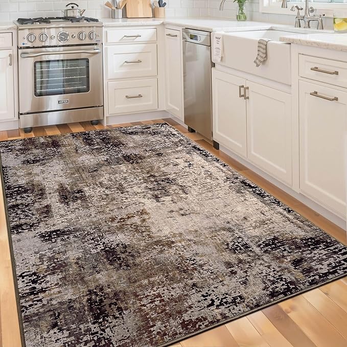 Area Rug 4x6 Brown Rug Washable Boho Rugs Non Slip Low Pile Abstract Coffee Small Carpet for Entryway, Bedroom, Kitchen, Classroom, Kids Room, Office, Dorm, Dining Room