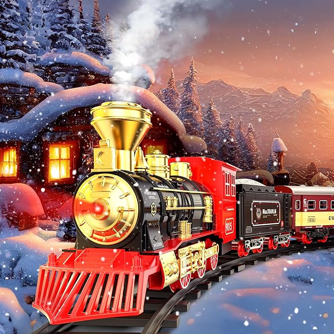 Hot Bee Christmas Train Set,Train Set for Toddlers 2-4,Christmas Train Sets for Around The Tree,Steam Locomotive with Lights,Sounds,and Spray,Easy Setup Train Toy,Perfect Train Set for Kids Ages 4-8