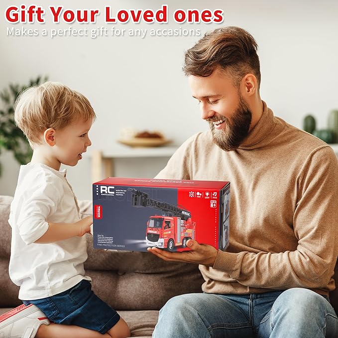 Fire Truck Toy for Toddlers Kids Boys Ages 3-8 Years Old,Remote Control Fire Truck with Lights,Siren Sound,Working Water Spray and Rotating Rescue Ladder,Firetruck Engine Gifts for Little Fireman 8-12