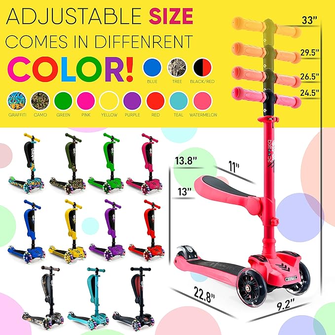 Hurtle 3-Wheeled Scooter for Kids - Wheel LED Lights, Adjustable Lean-to-Steer Handlebar, and Foldable Seat - Sit or Stand Ride with Brake for Boys and Girls Ages 1-14 Years Old