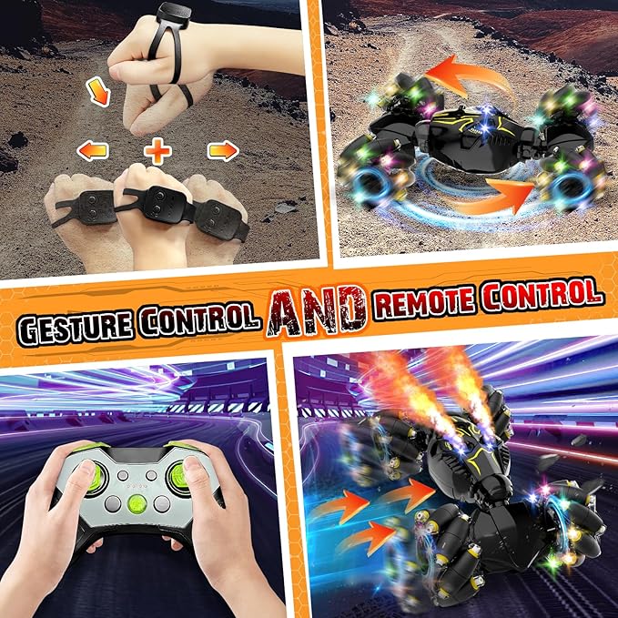 Remote Control Stunt Car Toys: Christmas Birthday Gifts for Boys Toys Ages 6-12 - 2.4Ghz Gesture Sensing Remote Control Cars with Light and Music Spray - 8WD Drift 360ยฐ Rotating RC Car for 7-14 Kids