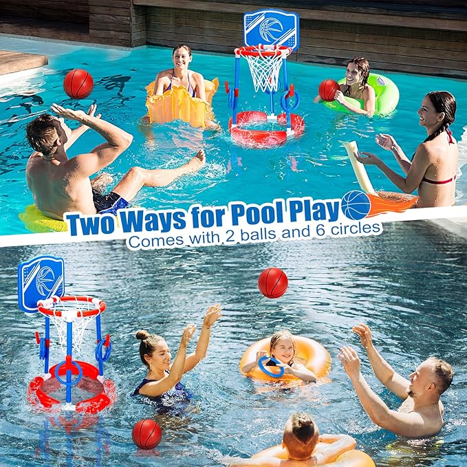Pool Basketball Hoop, 2-in-1 Poolside Floating Pool Basketball Game, Swimming Pool Games for Kids Adults Indoor Outdoor Play, Water Play Toy Family Party, Includes Hoop, Balls, Pump, Backboard