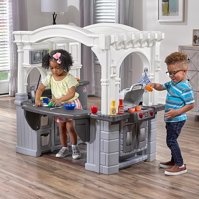 Step2 Grand Walk-in Kitchen & Grill Kids Playset, Indoor/Outdoor Kitchenette, Interactive Play with Lights and Sounds, Durable Plastic, 103 Piece Toy Accessories, Toddlers 2+ Years Old, Gray/White