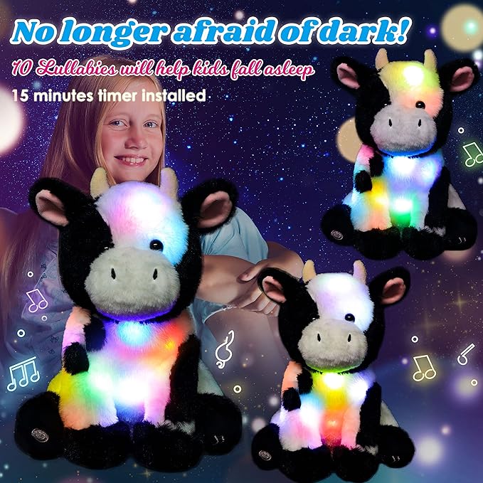 Cuteoy Cow LED Musical Stuffed Animal Light-up Singing Plush Adjustable Volume Lullaby Plushies Birthday Christmas Toy Gifts for Kids Toddler Girls, 13"