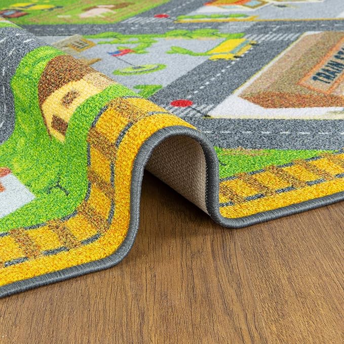 KC Cubs Playtime Collection Country Farm Road Map with Construction Site Educational Learning Area Rug Carpet for Kids and Children Bedroom and Playroom (5' 0" x 6' 6")