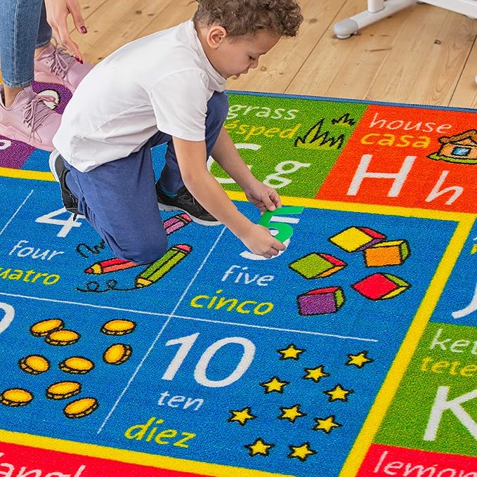 KC Cubs ABC Alphabet, Seasons, Days + Spanish Translations Educational Learning Game Play Boy & Girl Kids Area Rug Carpet for Children Bedroom, Toddler Classroom, & Baby Playroom Floor Activity Mat