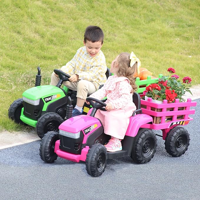 TOBBI Kids Electric Ride On Toy Tractor, 12v Battery-Powered 4 Wheels Ride On Car with Trailer, 35W Dual Motors/3-Gear-Shift/LED Lights/USB Audio Functions for Toddlers 3-6 Years-Rose Red