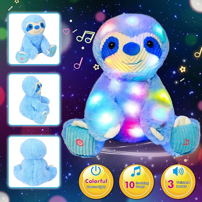 Cuteoy Blue Sloth LED Musical Stuffed Animal Light-up Singing Plush Adjustable Volume Lullaby Plushies Birthday Christmas Toy Gifts for Kids Toddler Girls, 13"