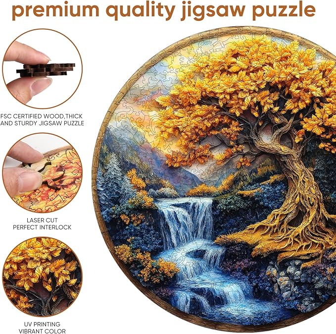 Puzzles for Adults, Tree of Life Waterfall River Wooden Jigsaw Puzzles 200pcs,11.2x112in, Medium, Unique Shape Adult Puzzles,Irregular Wood Creative for Adults and Kids Family Game
