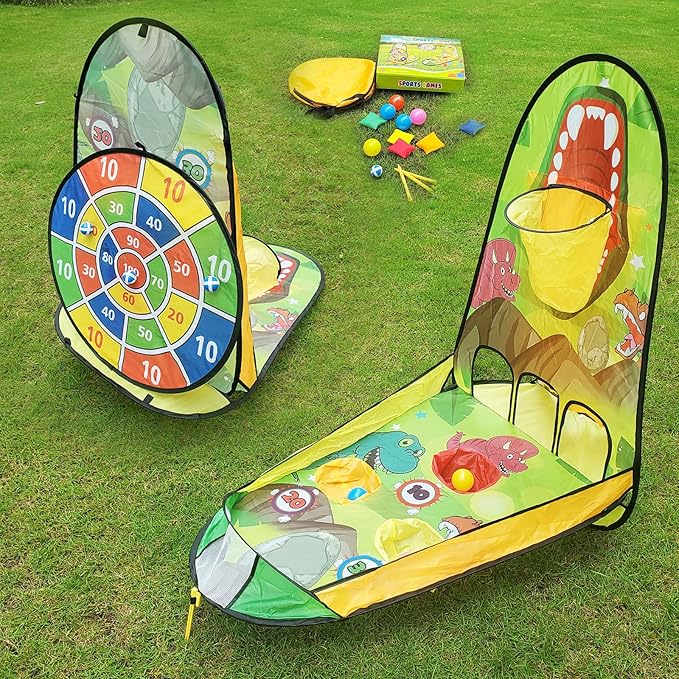 unanscre 3 in 1 Bean Bag Toss Game Toy Outdoor for Kids, Dinosaur Foldable Cornhole Board with Pop Up Basketball Game and Dartboard Set, Gift for Birthday/Xmas Party, Outside Toys for Toddlers Age 3+