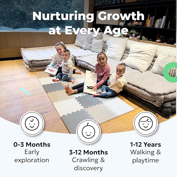 MioTetto Foam Floor Tiles for Kids - Non-Toxic Comfortable Baby Play Mat and Interlocking Foam Tiles, Fits with 50x50 Playpen Mat for Crawling & Development, Soft Play Mat for Babies 6-12 Months