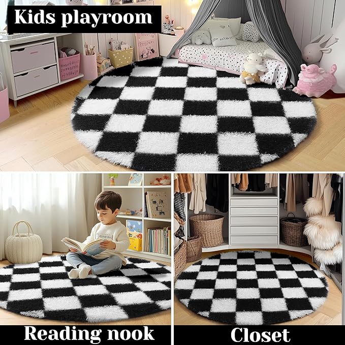 KICMOR Round Rugs 5ft for Bedroom Living Room, Black and White Fluffy Soft Circle Area Rug Fuzzy Shag Shaggy Plush Carpet, Indoor Checkered Circular Rug for Kids Room Nursery Home Decor Aesthetic