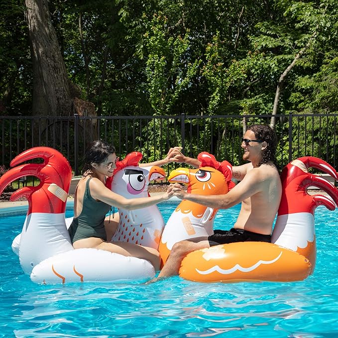 SCS Direct Chicken Fight Inflatable Pool Float Game Set - Includes 2 Giant Battle Ride-Ons - Flip Your Friends to Win- for Outdoor Swimming Party Activities Fun w/Kids Family Adults, Summer Gift
