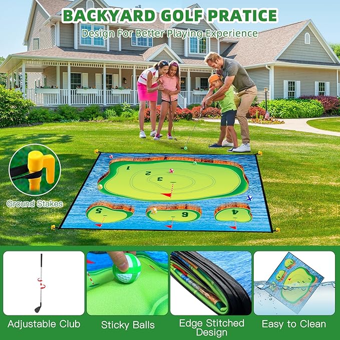 Golf Chipping Game Mat Set,Sticky Pro, 70‘’x70'' for Indoor Outdoor for Adults,Battle Royale,Golf for Adults Family Kids Backyard Yard Party (with Club)