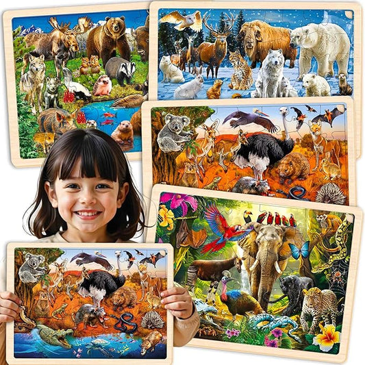 QUOKKA 4SET Puzzles for Kids Ages 4-6 - 36 Pcs Wooden Realistic Montessori Puzzles Ages 3-5 - Polar & Tropical Regions, Yellowstone & Australian Animals Learning Games for Boys and Girls 4-8 Year Old