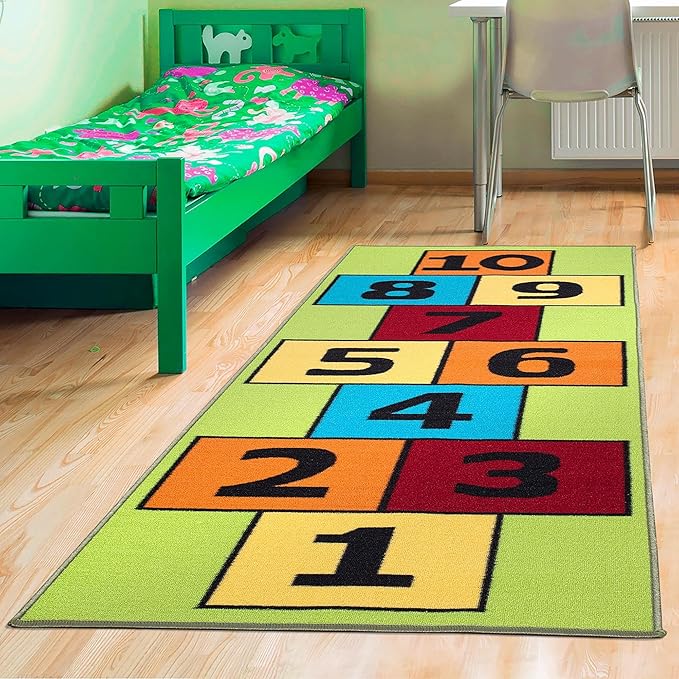 Ottomanson 2'7" x 6' Hopscotch Kids Rug - Play Mat for Playroom, Bedroom, Daycare & Classroom - Fun & Interactive Game Carpet - Durable and Non-Slip - Perfect for Learning & High-Traffic Areas, Green