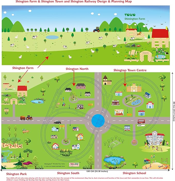 Wooden Train Set with Town Map-Shinington Railway Track Construction Building Toys for 3 Years Old Kids Boys Girls-Vehicles Transport Wooden Toys Gift for Toddlers 3 4 5 Years Old