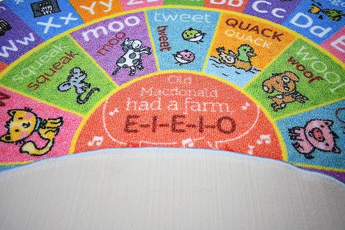 KC Cubs Playtime Collection ABC Alphabet with Old MacDonald's Animals Educational Learning & Game Round Circle Area Rug Carpet for Kids and Children Bedrooms and Playroom