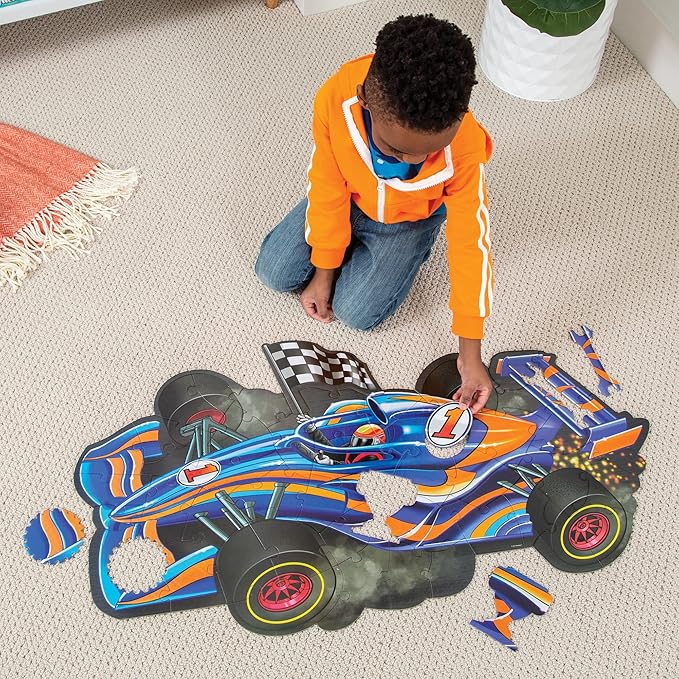 Peaceable Kingdom Giant Floor Puzzles with Uniquely Fun Shaped Pieces for Kids Ages 3+ Gifts for Boys and Girls - Racecar