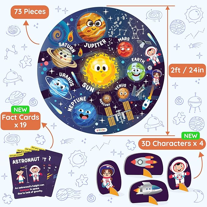 Jumbo 70 Piece Round Floor Puzzles for Kids Ages 3-5, 6-8, Large Jigsaw Puzzle with Solar System and Planets, Educational Flash Cards and 3D Figures Educational Gift