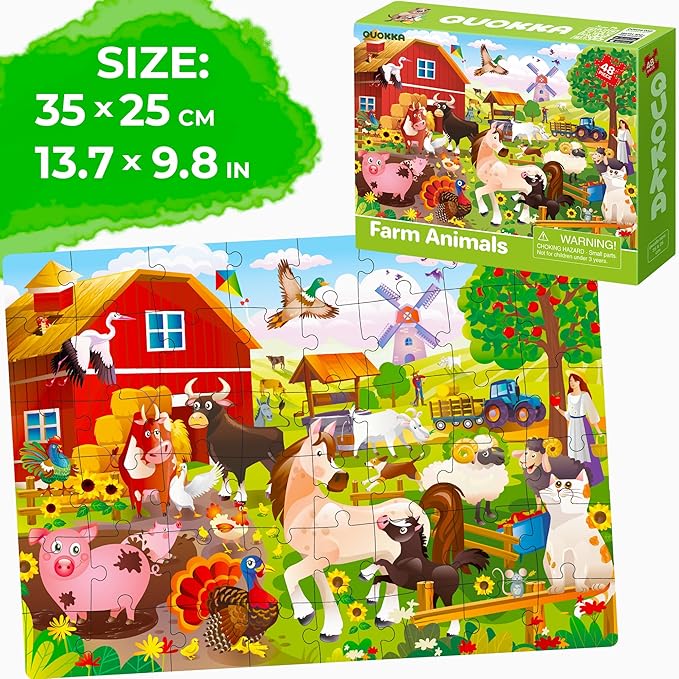 QUOKKA Puzzles for Toddlers 4-6 – 4 x 48 Pieces Jigsaw Puzzles for Kids Ages 3-5 – Learning Farm Animals for 2-4 – Jigsaw Game for Boy and Girl 3-5-7 Year Old
