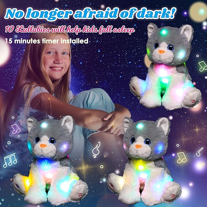 Cuteoy Kitty LED Musical Stuffed Animal Light-up Singing Plush Cat Adjustable Volume Lullaby Plushies Birthday Christmas Toy Gifts for Kids Toddler Girls, 10.5"