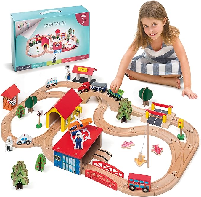 Wooden Train Set - 69 Pieces Wooden Train Tracks & Trains for Kids, Toddler Boys and Girls 3,4,5 Years Old and Upโ Premium Wood Construction Toys -Fits Thomas, Brio, IKEA, Melissa and Doug