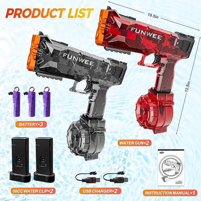 2025 New Upgrade 2 Pack Electric Water Guns for Adults Kids, Light Up Squirt Gun, Powerful Automatic Water Gun, High Capacity Long Range Fully Strongest Water Blaster, Outdoor Pool Water Toy