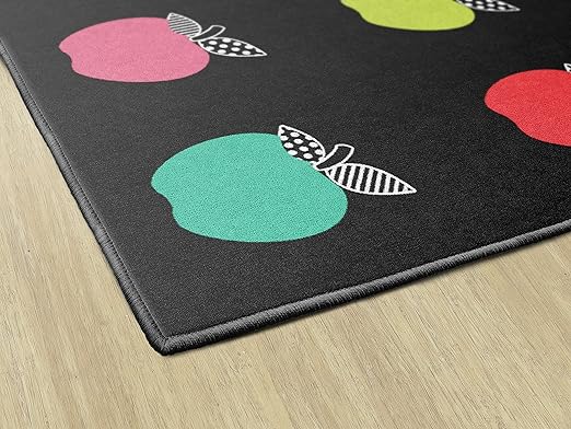 Flagship Carpets Schoolgirl Style Stylish Black & White Brights Apple Sit Spot Classroom Area Rug for Indoor Classroom Learning or Kid Bedroom Educational Play Mat, 7'6" x 12'