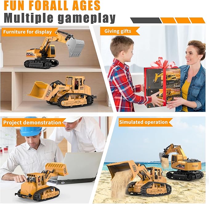 AISYAH Construction Bulldozer and RC Excavator Toy Set - RC Construction Vehicles Toy with Rechargeable Batteries, Lights and Sounds, Present for Toddlers 6-12 Year Kids
