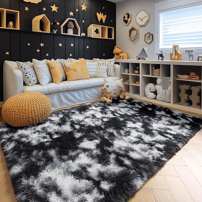 Amdrebio Black White Grey Area Rugs for Living Room, 6x9, Soft Fluffy Rug for Bedroom, Furry Plush Rugs for Kids Room, Modern Large Shaggy Rug for Men Teen Boys, Aesthetic Cool Floor Carpet for Dorm