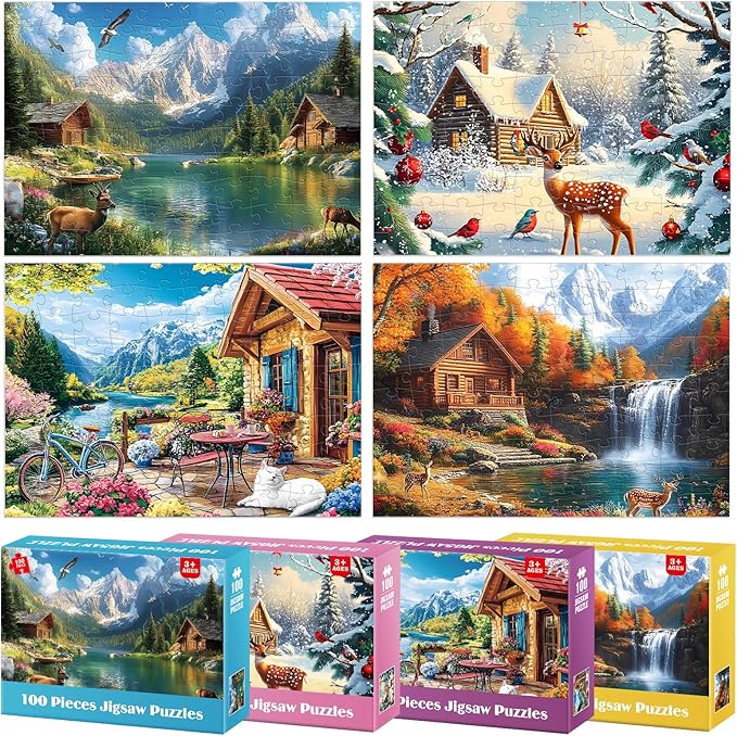 100 Piece Puzzles - Four Seasons Scenery Large Piece Puzzles for Senior Adults Kids Puzzle Ages 5-8 Jigsaw Puzzle for Kids Ages 4-6 6-8 8-10 Year Old Educational Toys for Girls Boys 4-Pack