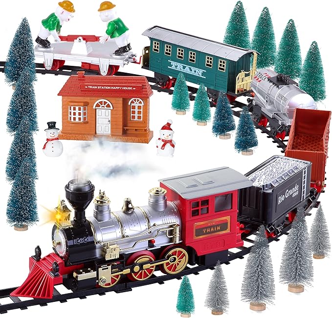 Christmas Toy Train Set, Electric Train Gift with Light, Music & Real Smoke, Travel Train Toys with steam Locomotive, Present for Boys and Girls