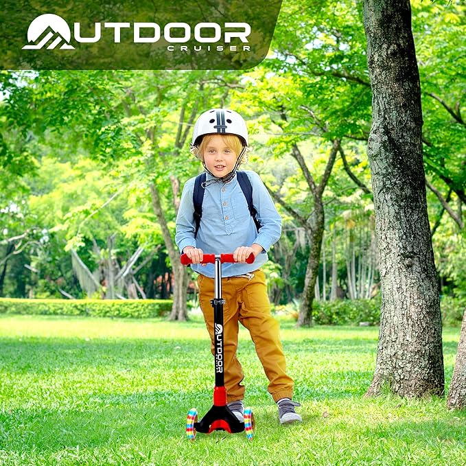 Outdoor Cruiser 3-Wheel Kids Scooter – with Lean-to-Steer Technology, Led Lighted Wheel, 4-Level Adjustable Height T-bar Handle, Support Kids Up to 150 Lbs, for Boys & Girls Ages 3-8, Black and Red