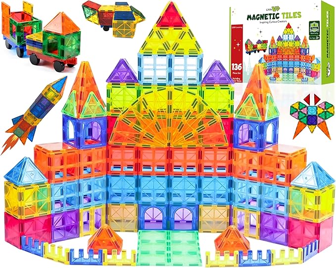 Magnetic Tiles 136 PCS with 2 Cars and 8 Extra Alphabets – STEM Building Blocks for Kids, Educational Gift for Boys & Girls