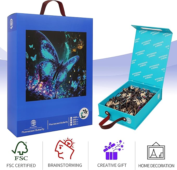 Wooden Puzzles, Fluorescent Butterfly Jigsaw Puzzles 200 Pieces, Unique Shaped Wooden Puzzle for Adults and Kids 9.5 x 12.1 Inch