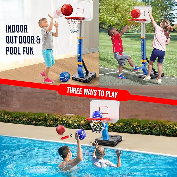 Toddler Kids Basketball Hoop, Height-Adjustable Indoor & Outdoor Portable Basketball Goal for Swimming Pool & Poolside Play, Playset for Boys & Girls with 4 Balls, 1 Gym Bag, 1 Pump, Blue