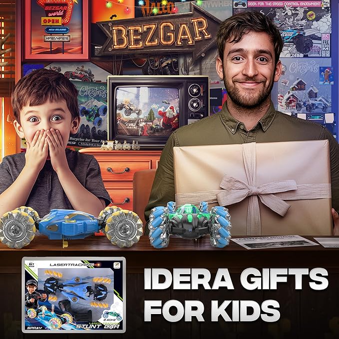 BEZGAR Remote Control Car Toy for Ages 8-13, Large Gesture Sensing RC Stunt Car with Lasertracking, Lights & Music, 4WD All Terrain Crawler with 2 Rechargeable Batteries, Birthday Gifts for Boys